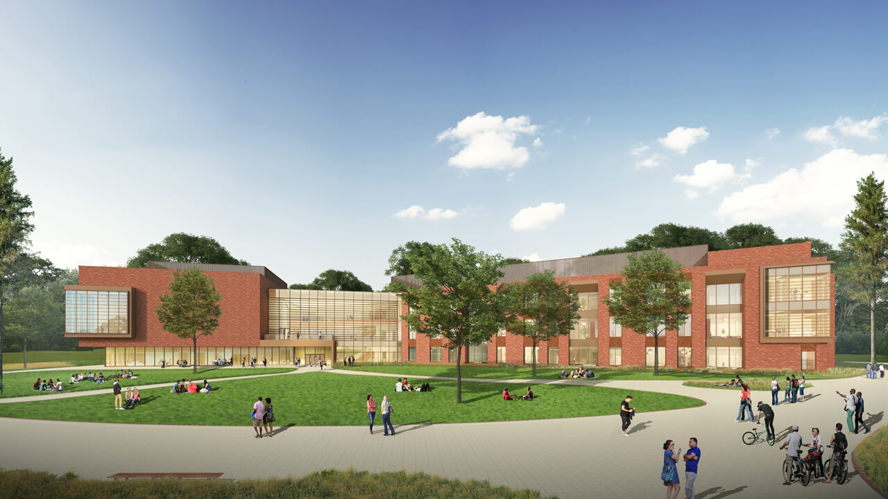 Rendering of the exterior of the new academic building The SITE with brick and bright windows