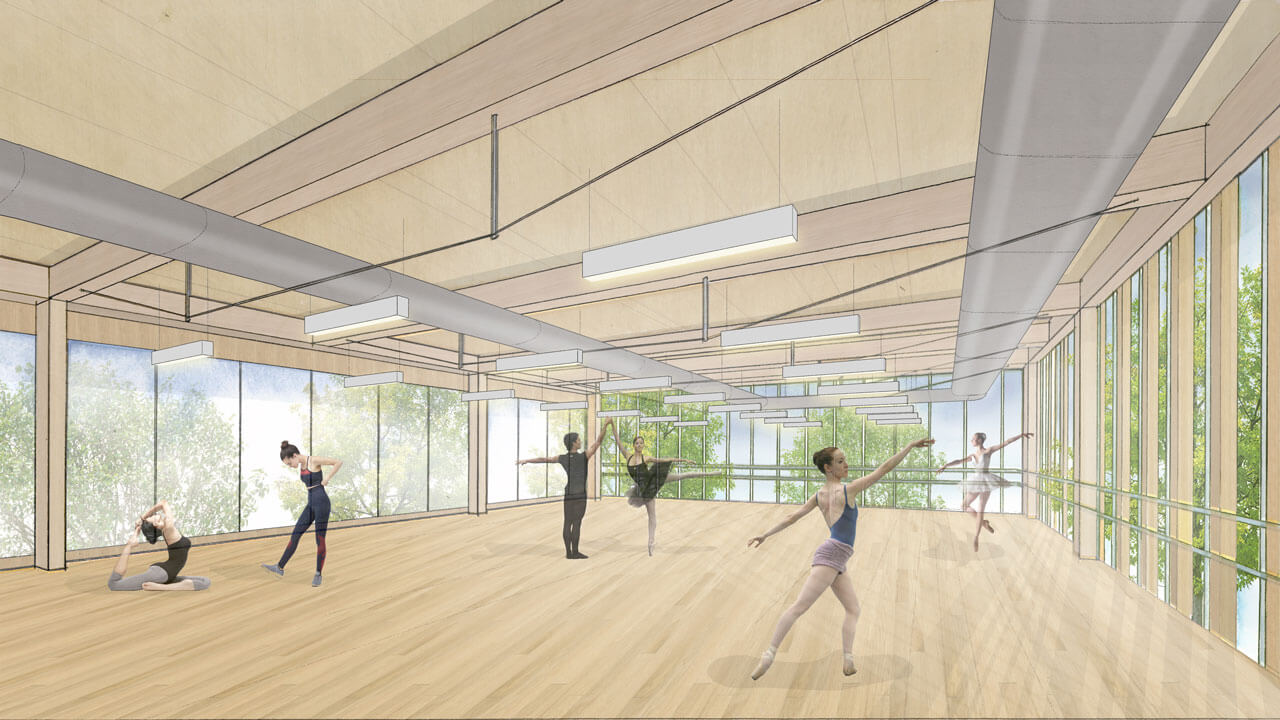 Rendering of students in dance studio with windows looking out to Sleeping Giant