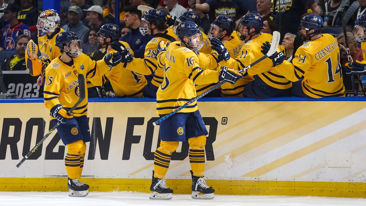 Quinnipiac ice hockey players high five from the bench during the Frozen Four semifinals