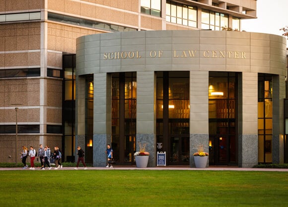 Exterior photo of the school of law entrance