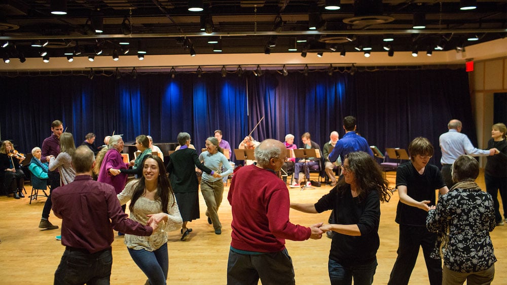Ten students from the Quinnipiac University Honors Program took part in English Country Dance on Friday evening, February 6, 2015 at the Neighborhood Music School in New Haven, Connecticut.