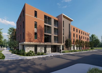 Rendering of exterior of new residence hall on South Quad