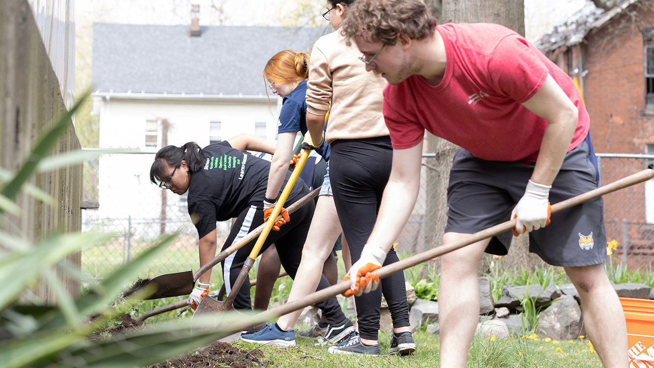 four students simultaneously dig in dirt to create a flower bed
