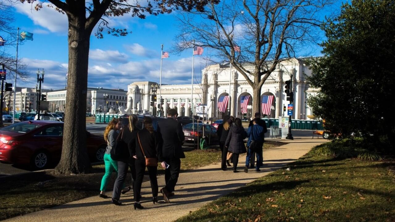 Students walk through Washington D.C., to the presidential inauguration earlier this year.